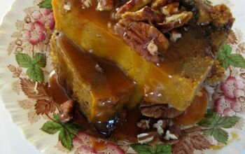 Pumpkin Bread Pudding With Salted Caramel Sauce and Toasted Pecans