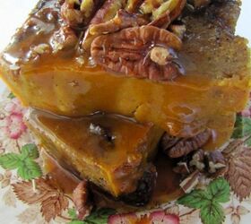 pumpkin bread pudding with salted caramel sauce and toasted pecans