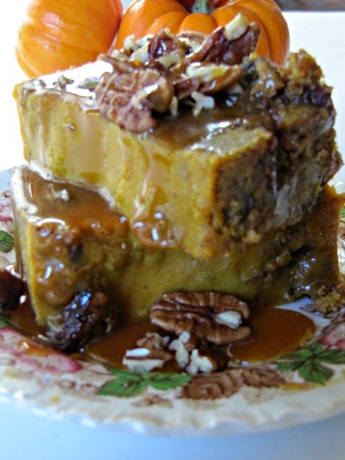 pumpkin bread pudding with salted caramel sauce and toasted pecans