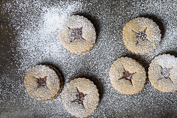 spiced linzer cookies with pear caramel filling