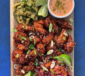 spicy korean wings with a buttermilk dressing and cucumber salad