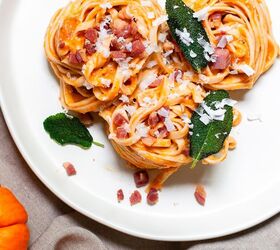 cozy pumpkin pasta carbonara with crispy sage
