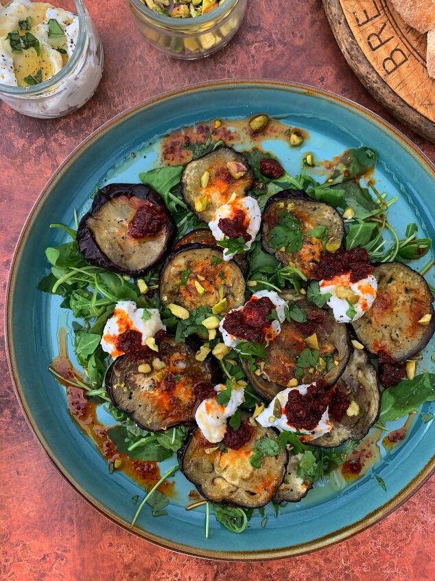 roasted eggplant salad with whipped ricotta nduja and pistachios