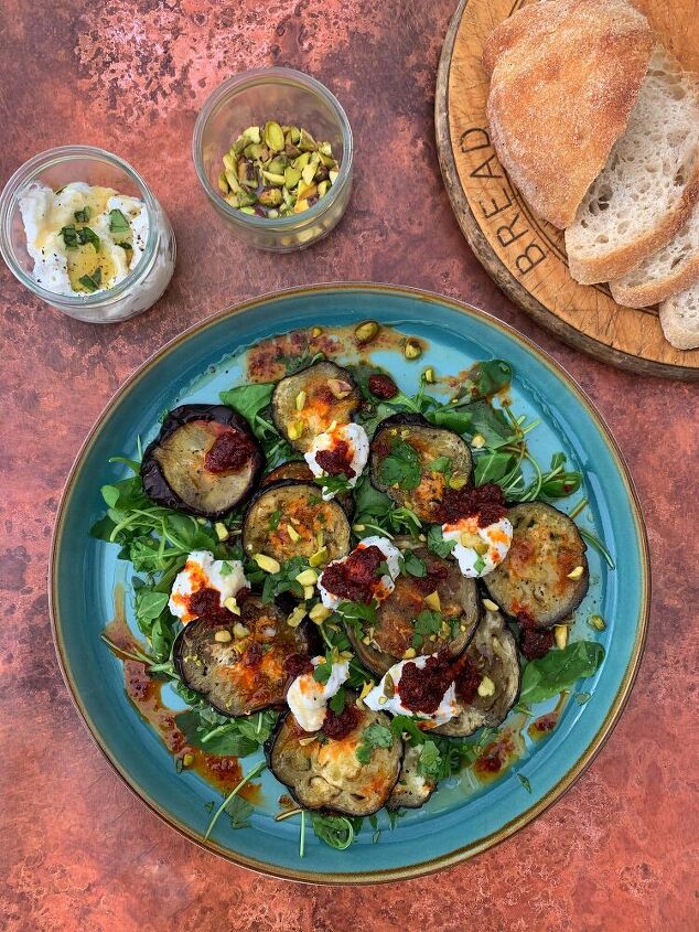 roasted eggplant salad with whipped ricotta nduja and pistachios