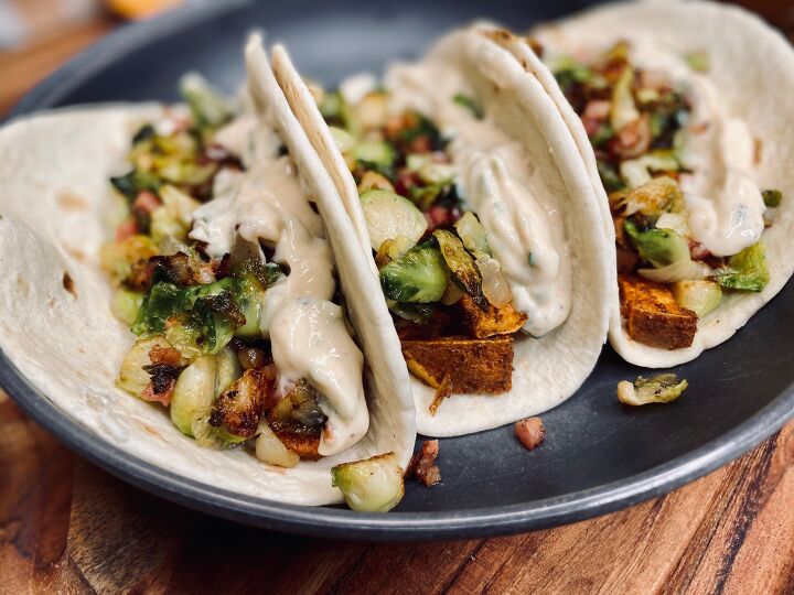 s 12 non intimidating ways to serve brussels sprouts, Sweet Potato Brussel Tacos