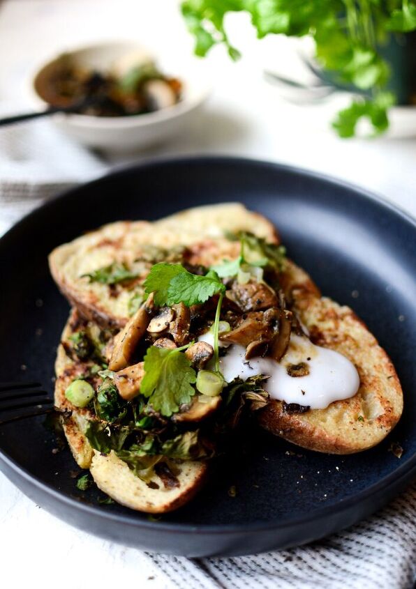 savoury french toast with miso mushrooms charred kale coconut yoghu
