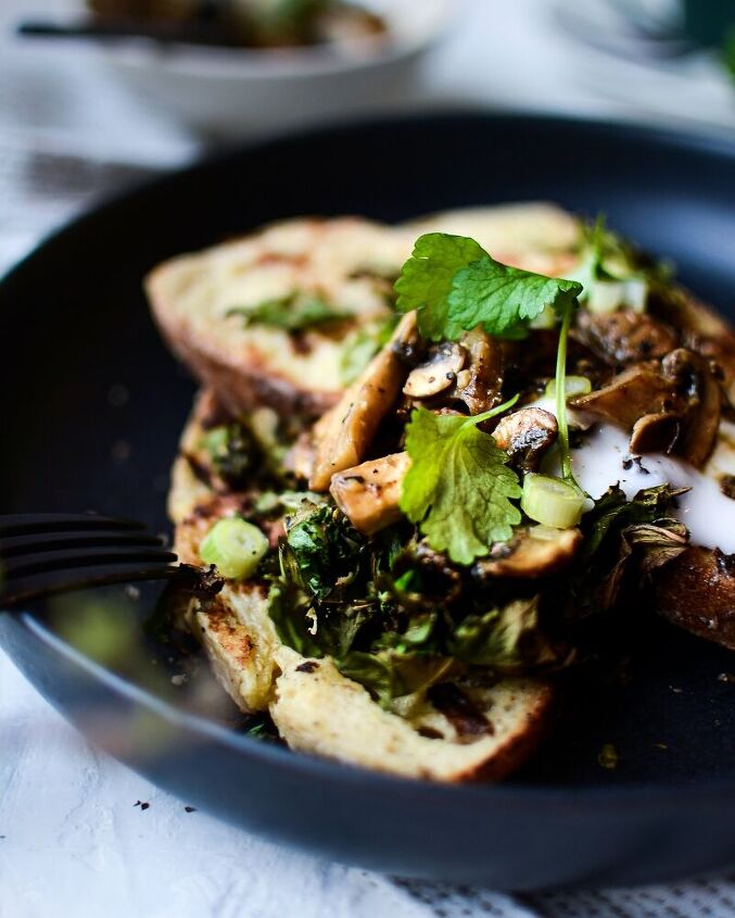 savoury french toast with miso mushrooms charred kale coconut yoghu