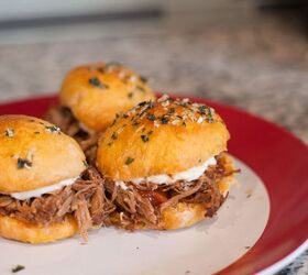 s 31 fun snacks and dishes to serve your team on game day, Instant Pot BBQ Pork Sweet Potato Sliders