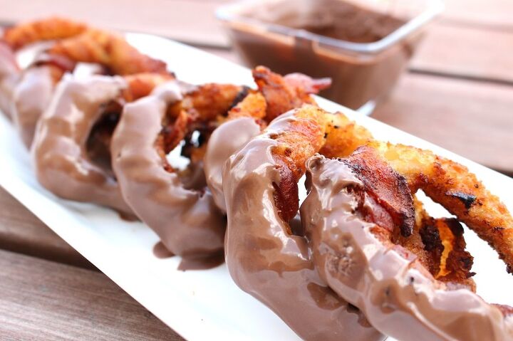 s 31 fun snacks and dishes to serve your team on game day, BBQ Bacon Wrapped Chocolate Dipped Onion Rings