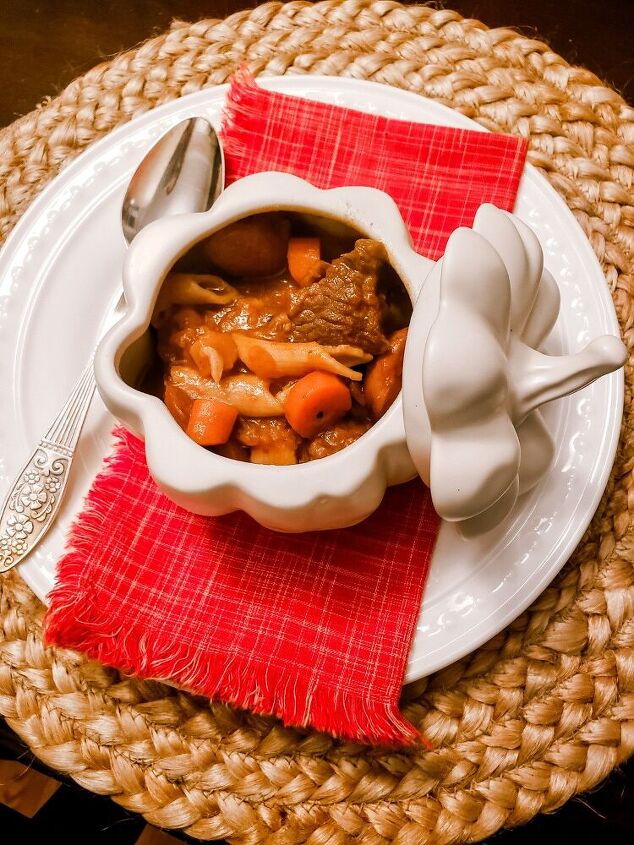 beef noodle stew in a pumpkin tureen