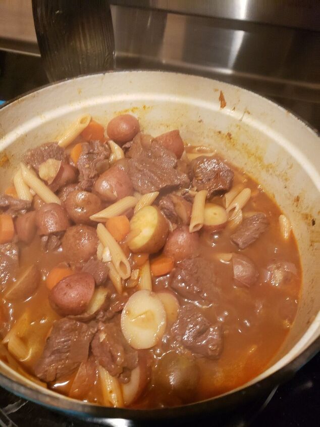 beef noodle stew in a pumpkin tureen