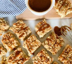 apple streusel cheesecake bars with salted caramel drizzle