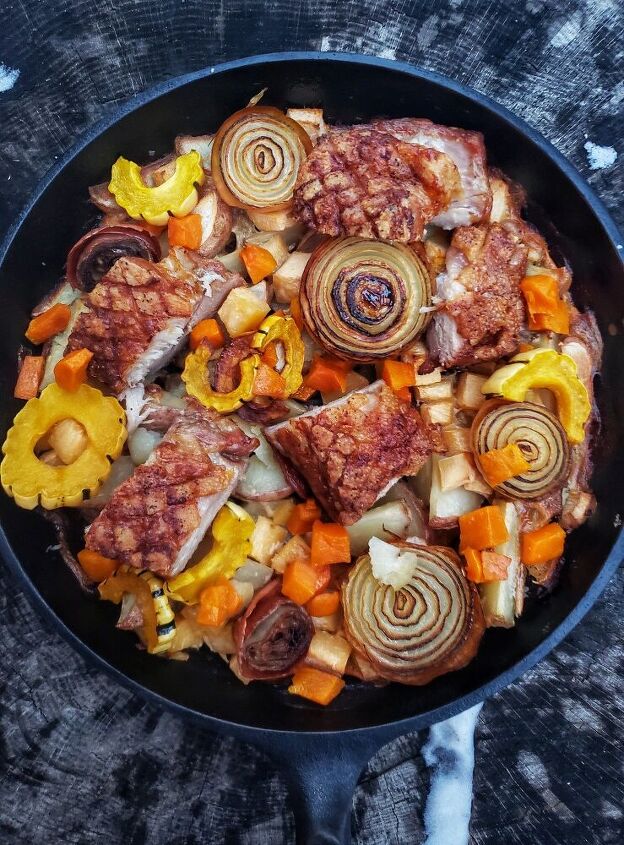 succulent roast pork belly with milk braised winter vegetables