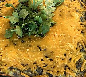 chilaquiles breakfast casserole with cilantro lime crema sauce