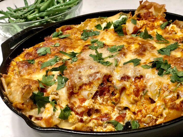 s 13 tasty twists on classic lasagna great dinner ideas, Skillet Meat and Three Cheese Lasagna