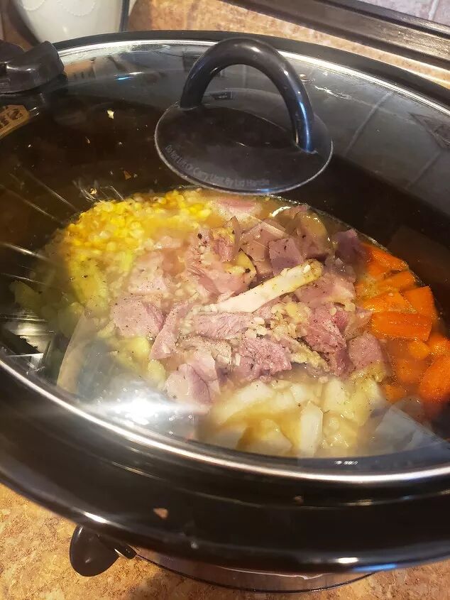left over christmas ham and sides into soup in the crockpot