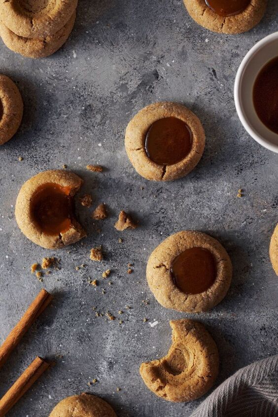 caramel filled gingerbread thumbprint cookies