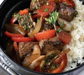 marinated sirloin steak tips with peppers and onions