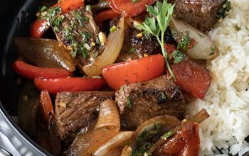 Marinated Sirloin Steak Tips With Peppers and Onions