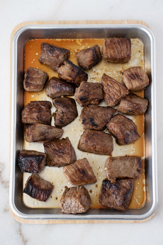 marinated sirloin steak tips with peppers and onions