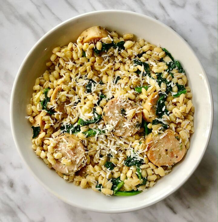 s 15 make ahead dishes that freeze well, Cheesy Barley With Chicken Sausage
