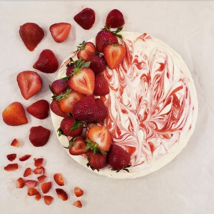 s 18 fruity baked desserts, No Bake Strawberry Swirl Cheesecake