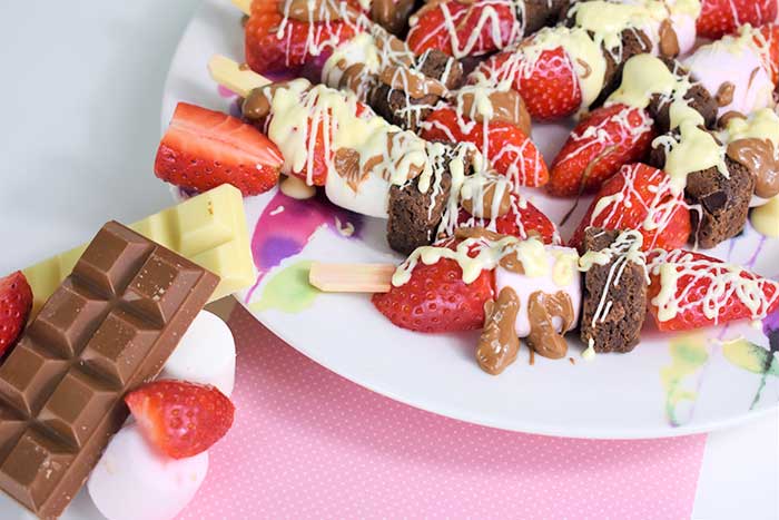 fruit kabobs with marshmallows brownie bites chocolate drizzle