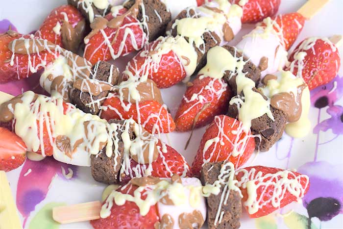 fruit kabobs with marshmallows brownie bites chocolate drizzle