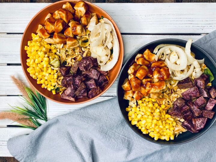 bbq chicken bowls with spicy almond slaw