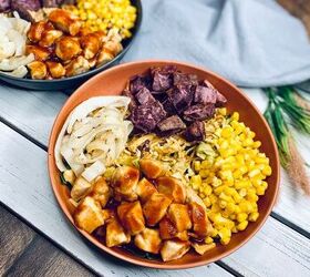 bbq chicken bowls with spicy almond slaw