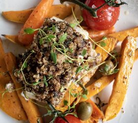 mediterranean herb crusted cod with roasted sweet potato and carrots