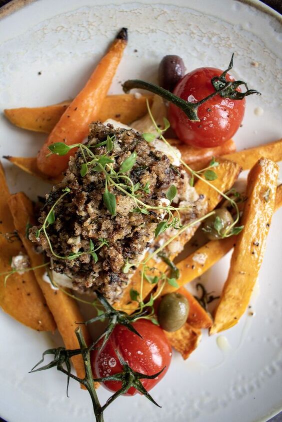 mediterranean herb crusted cod with roasted sweet potato and carrots