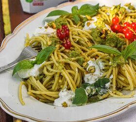 pistachio pesto spaghetti with whipped ricotta red curranth