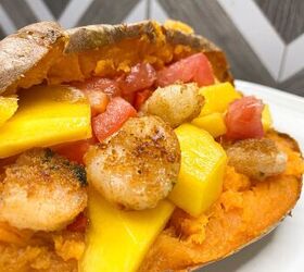 shrimp filled sweet potato with mango salsa