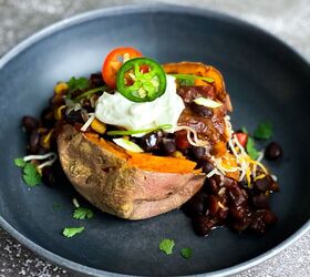 vegetarian black bean chili over baked sweet potatoes