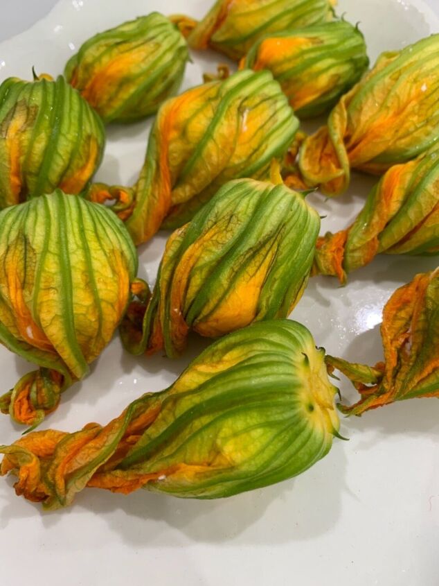 fried zucchini blossoms, Stuffed and ready for the batter
