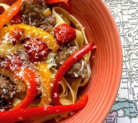 s 15 dinners you can make with simple ingredients you ve definitely got, Roasted Sausage Veggies Over Pasta
