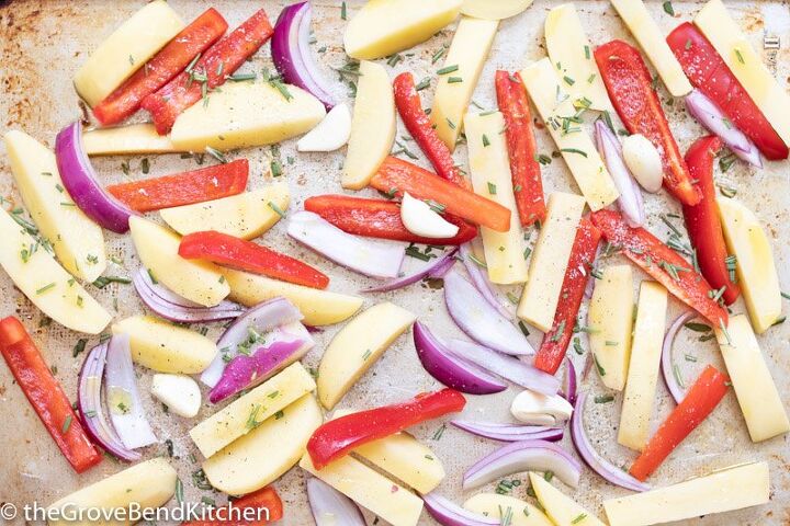roasted potatoes with red bell peppers onions and rosemary