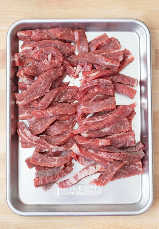 sheet pan steak fajitas, OPTION Slice steak in thinner strips