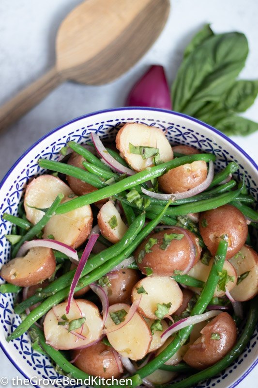 warm green beans and red potatoes with basil vinaigrette