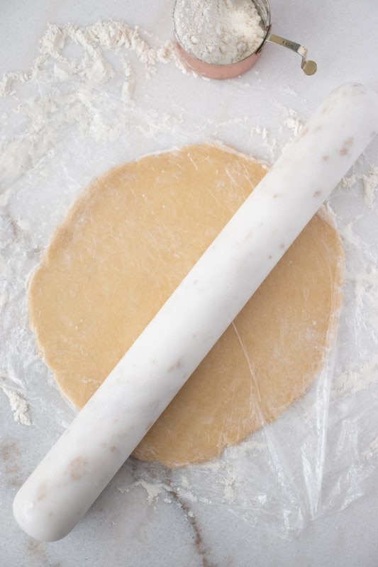 perfect pie crust, On a floured surface and with the plastic on top of the dough roll the dough into a 10 inch circle
