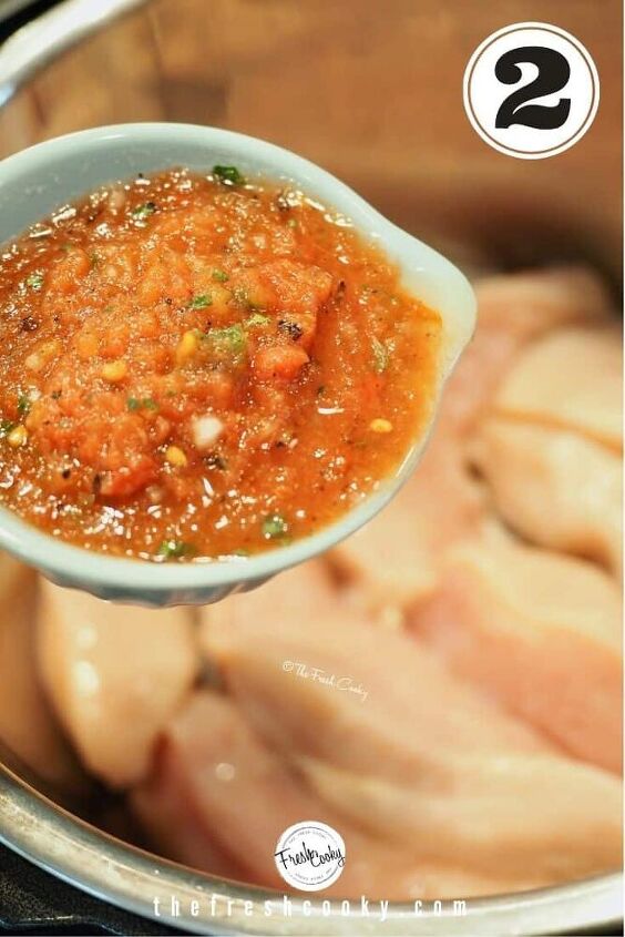 healthy crack chicken instant pot or slow cooker, Pour in Salsa and water if salsa is thick
