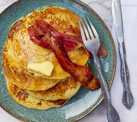 Fluffy American-style Pancakes With Maple Syrup and Bacon