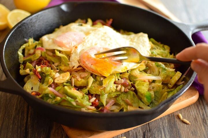 eggs over easy with shredded brussels sprouts