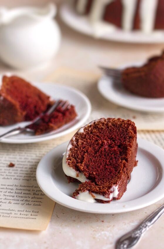 moist red velvet bundt cake with a cream cheese glaze