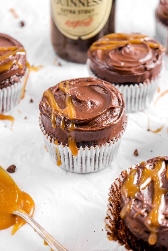 guinness dark chocolate cupcakes with salted caramel sauce