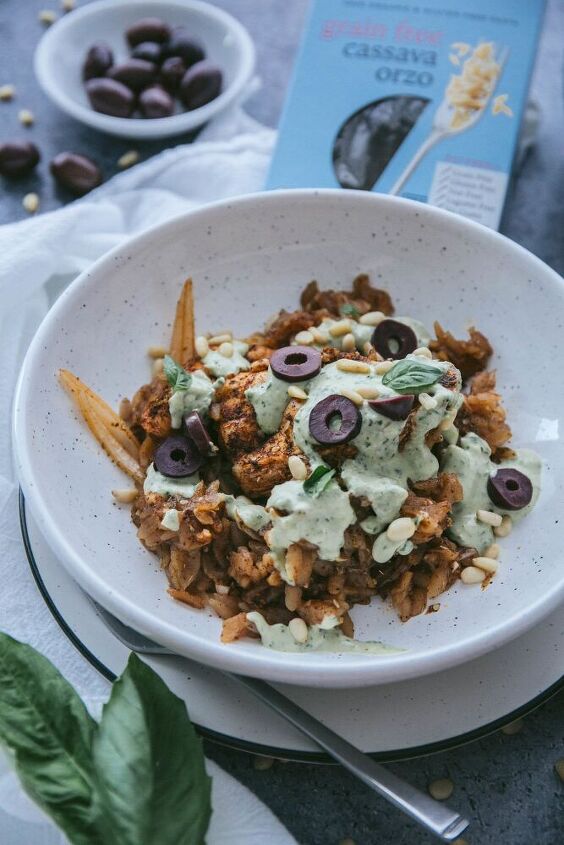 za atar chicken with grain free orzo and herbed tahini