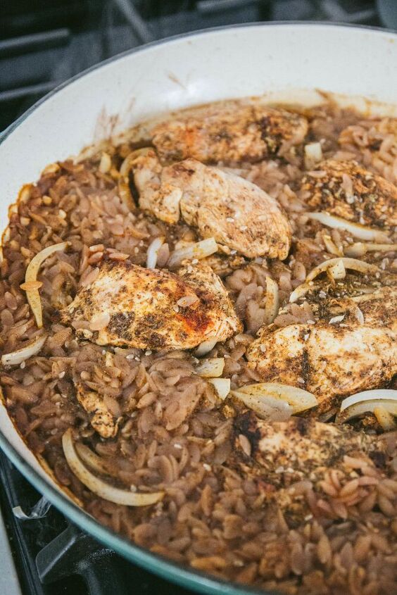 za atar chicken with grain free orzo and herbed tahini