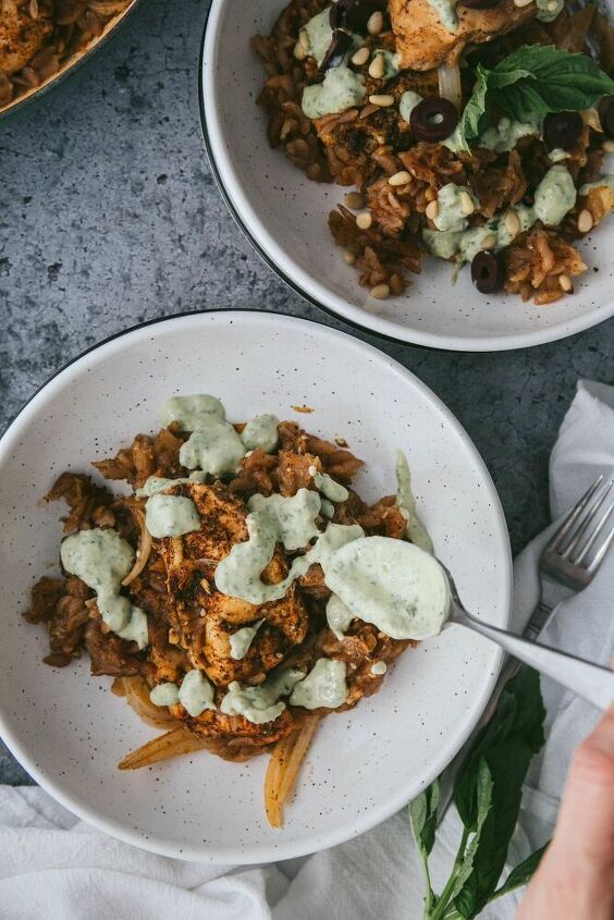 za atar chicken with grain free orzo and herbed tahini