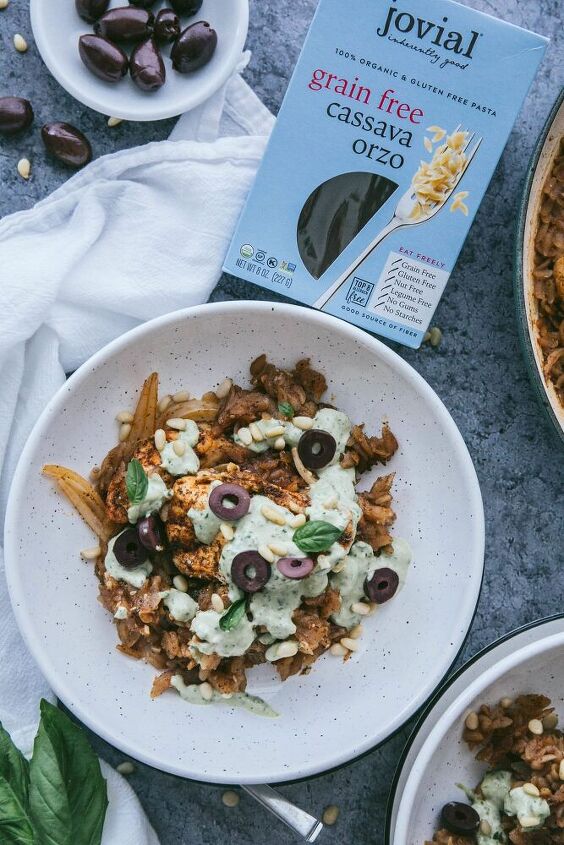 za atar chicken with grain free orzo and herbed tahini